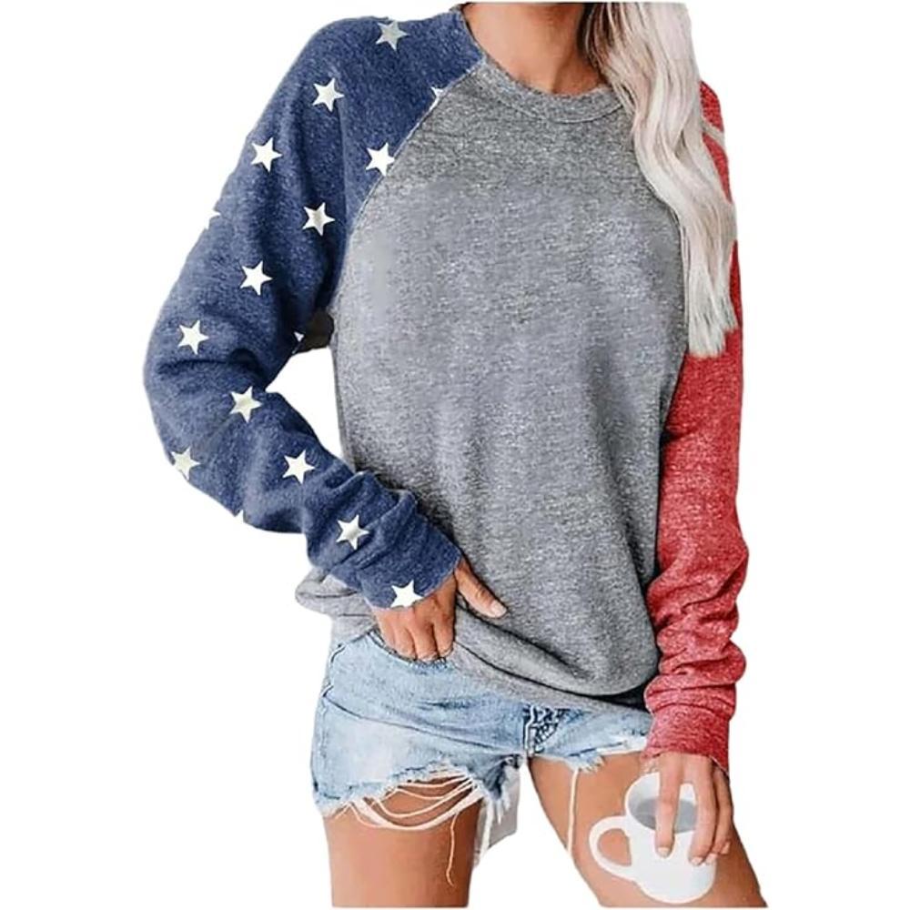 Baseball Stitch Print Pullover Sweatshirt Patriotic Star Sleeve Sweatshirt