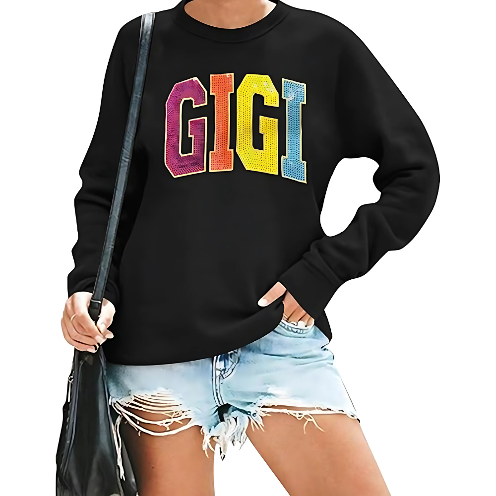 Casual Long Sleeve Pullover With Print Detail Black