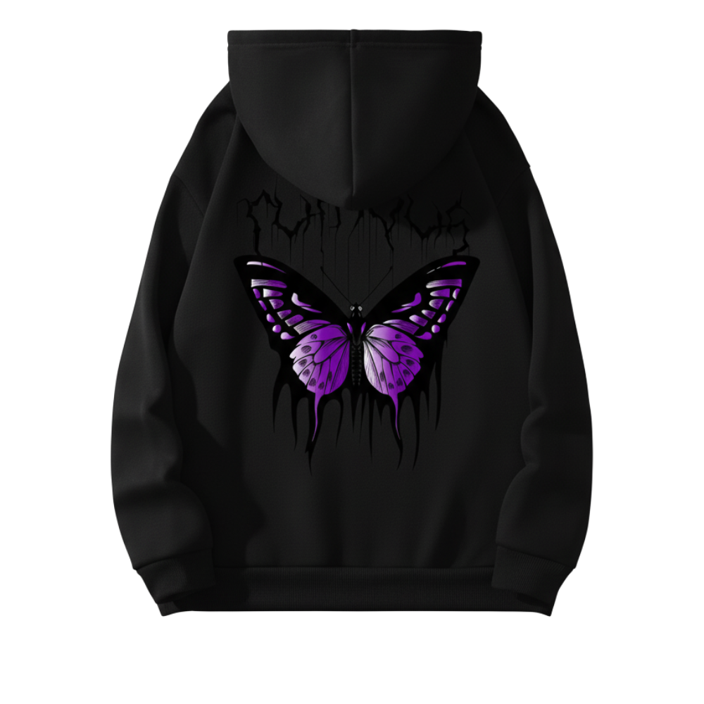 Casual Pullover Butterfly Print Hoodie With Front Pocket