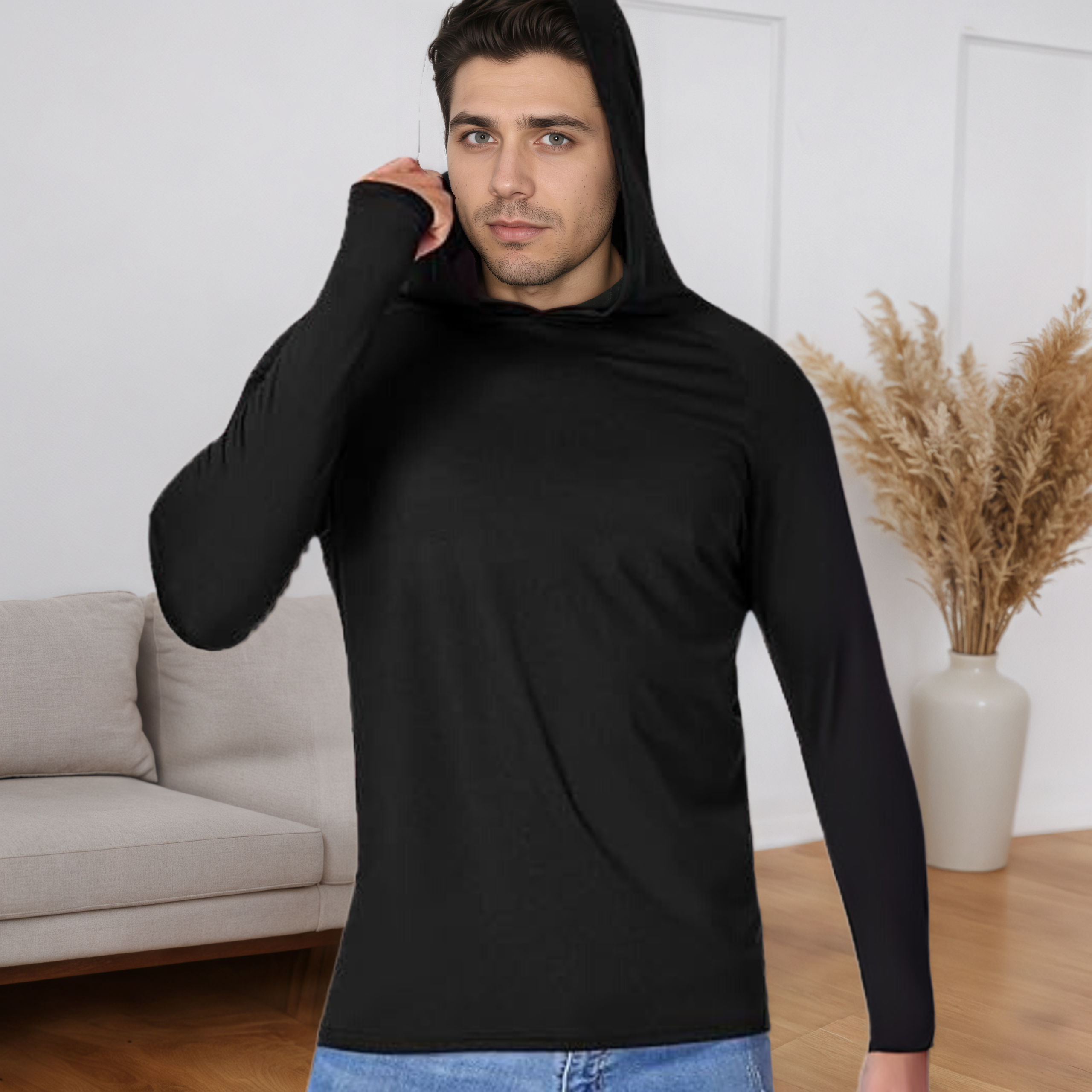 Men UPF 50 Long Sleeve Sun Protection Hoodie Athletic Fishing Shirt with UV Shield and Rash Guard Design