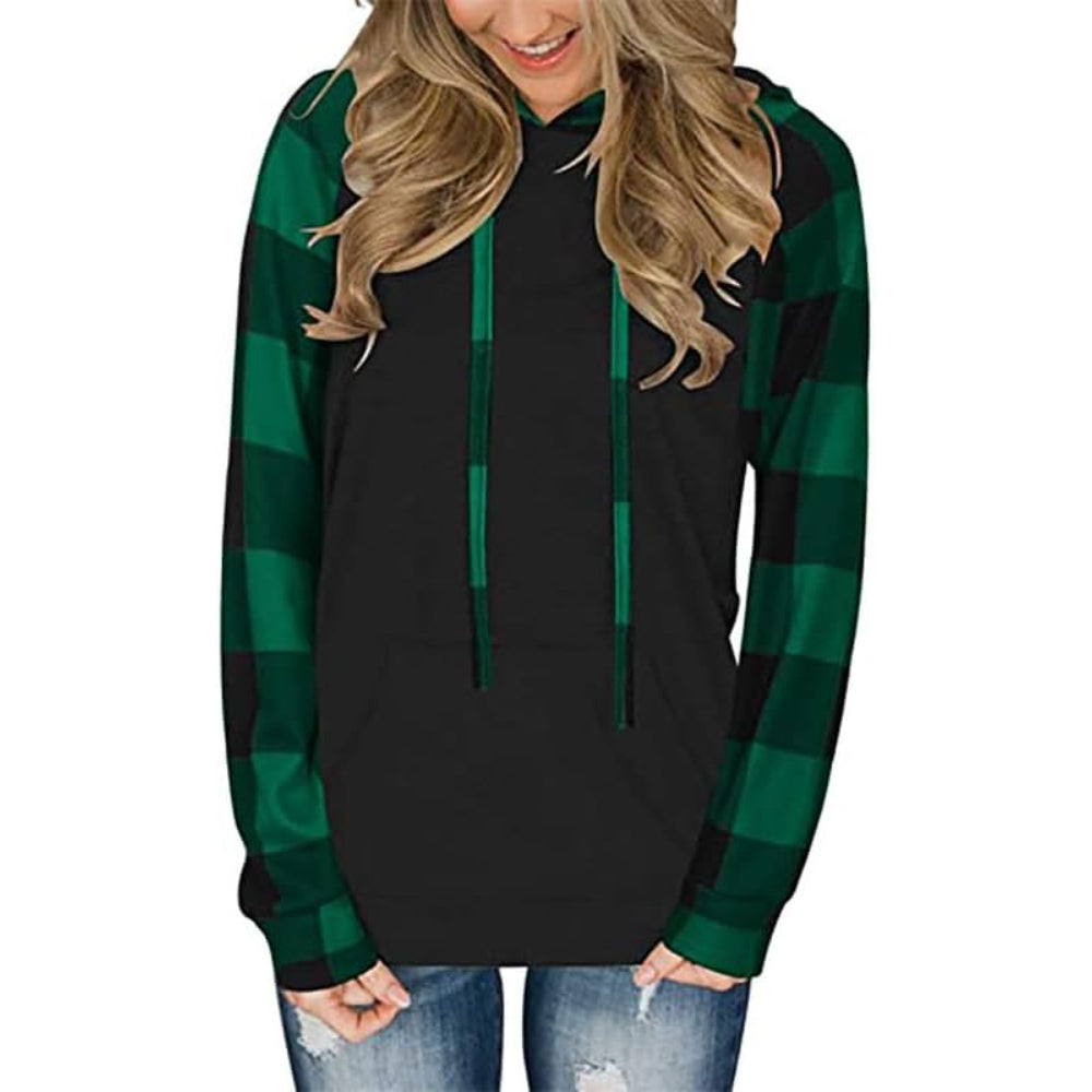 Plaid Long Sleeve Hooded Pullover With Contrast Design Green