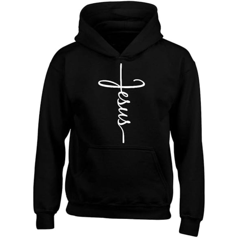 Jesus Cross Printed Front Pocket Hoodie Black