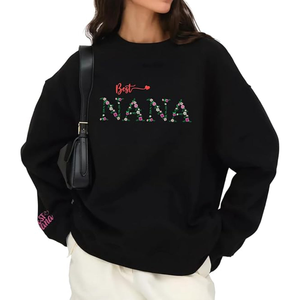 Floral Letter Graphic Long Sleeve Pullover Black
