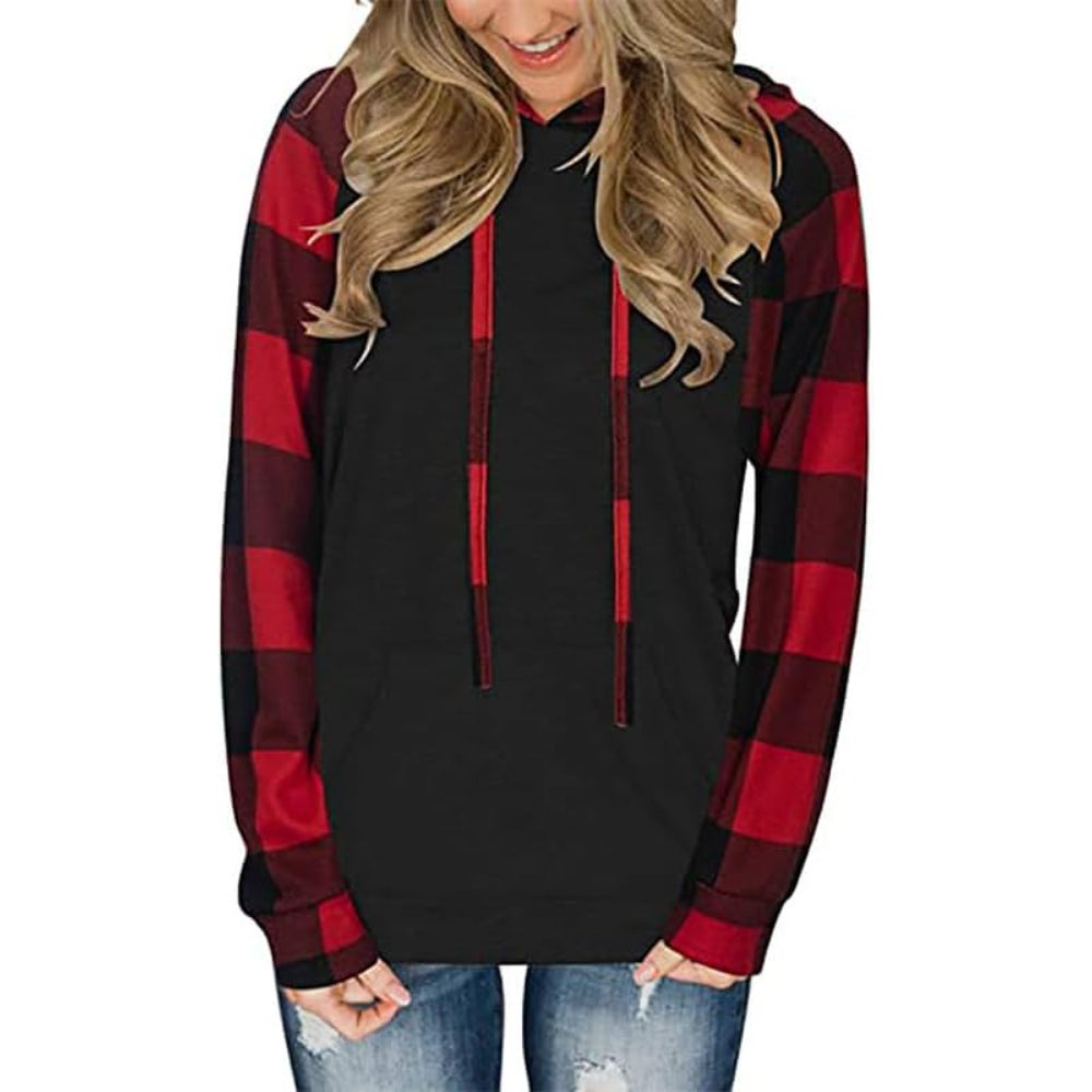 Plaid Long Sleeve Hooded Pullover With Contrast Design Red
