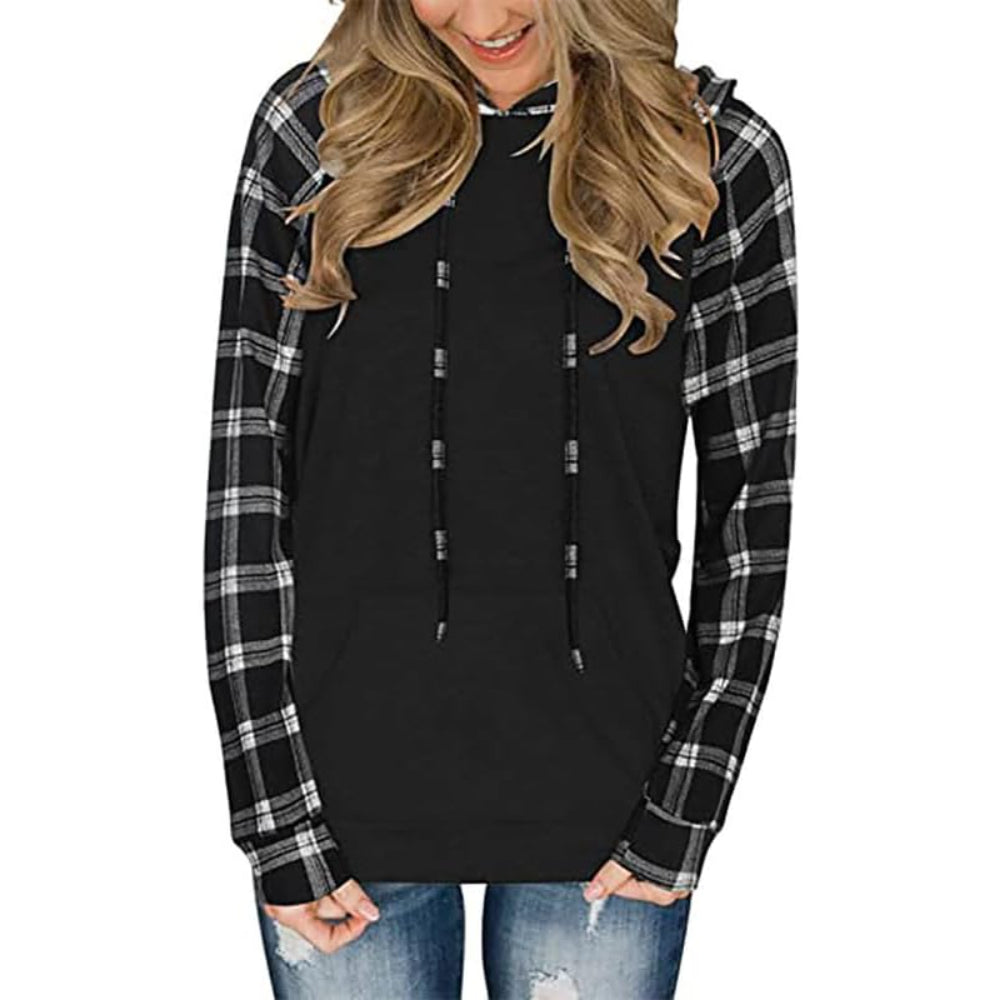 Plaid Long Sleeve Hooded Pullover With Contrast Design