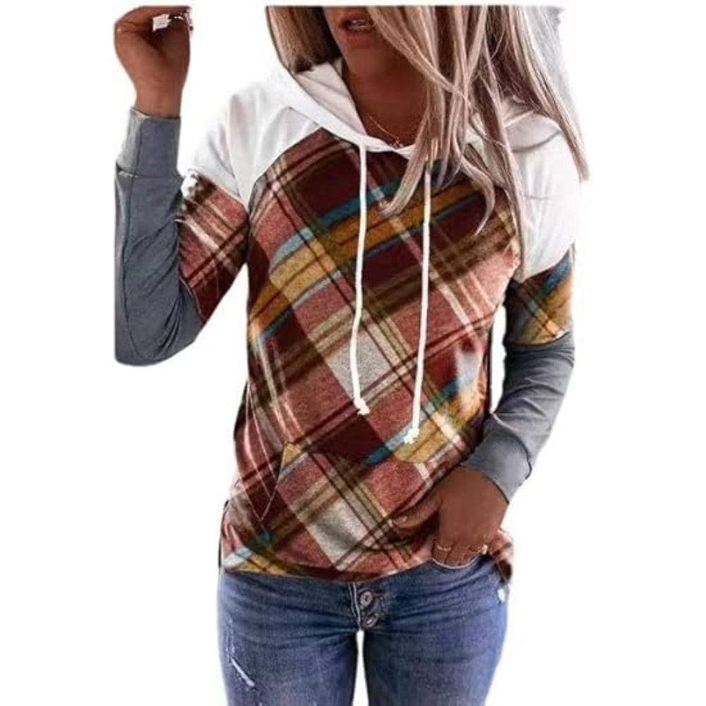 Plaid Long Sleeve Hooded Pullover With Contrast Design