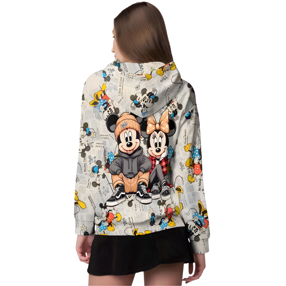 Mickey And Minnie Retro Newspaper Print Oversized Hoodie For Womens