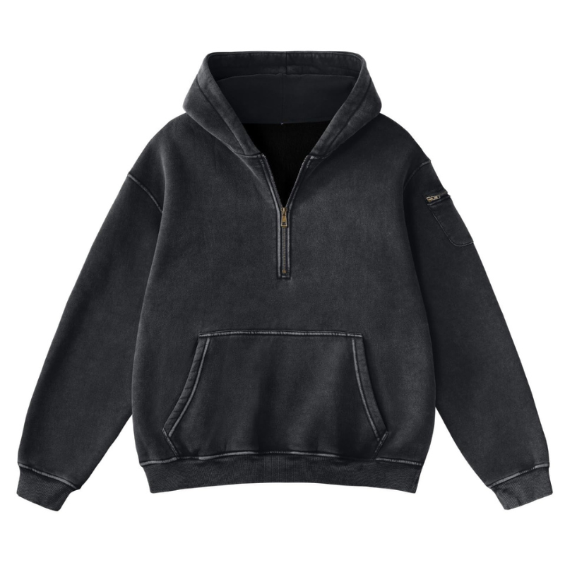 Oversized Half Zip Hoodie With Washed Finish And Kangaroo Pocket For Women