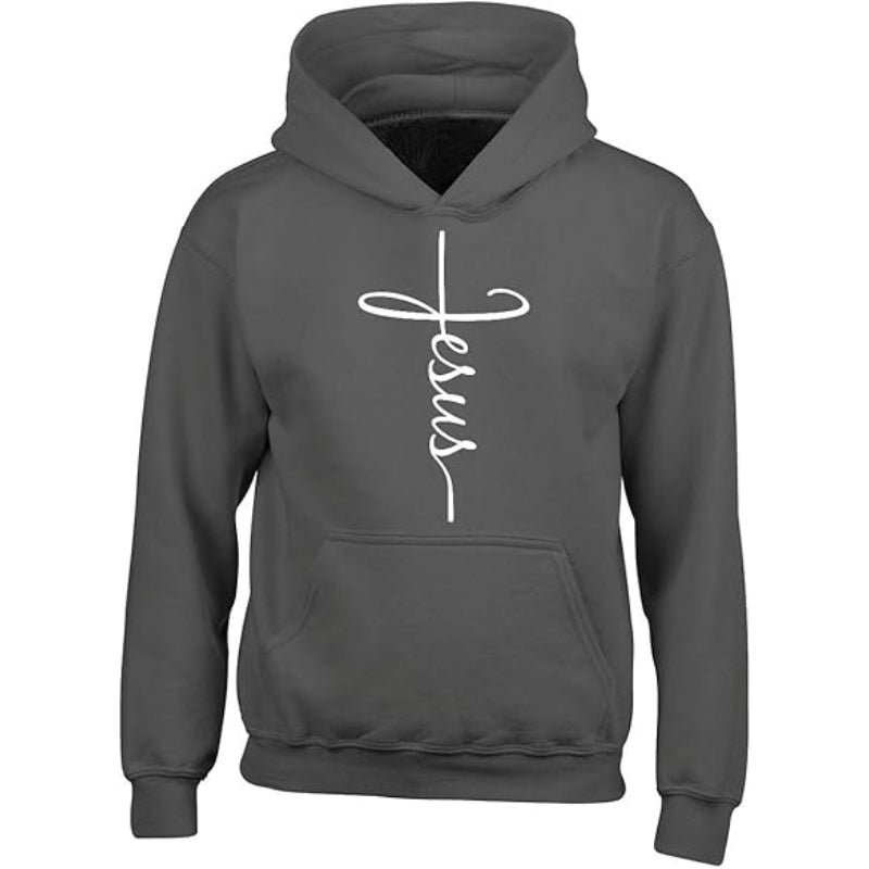 Jesus Cross Printed Front Pocket Hoodie Gray