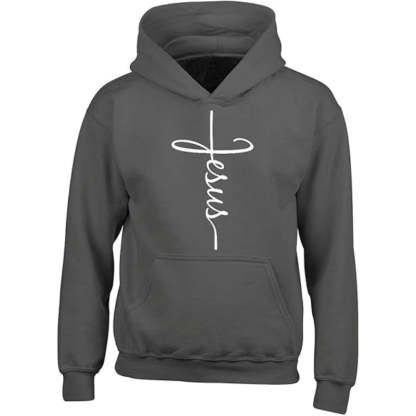 Jesus Cross Printed Front Pocket Hoodie Gray