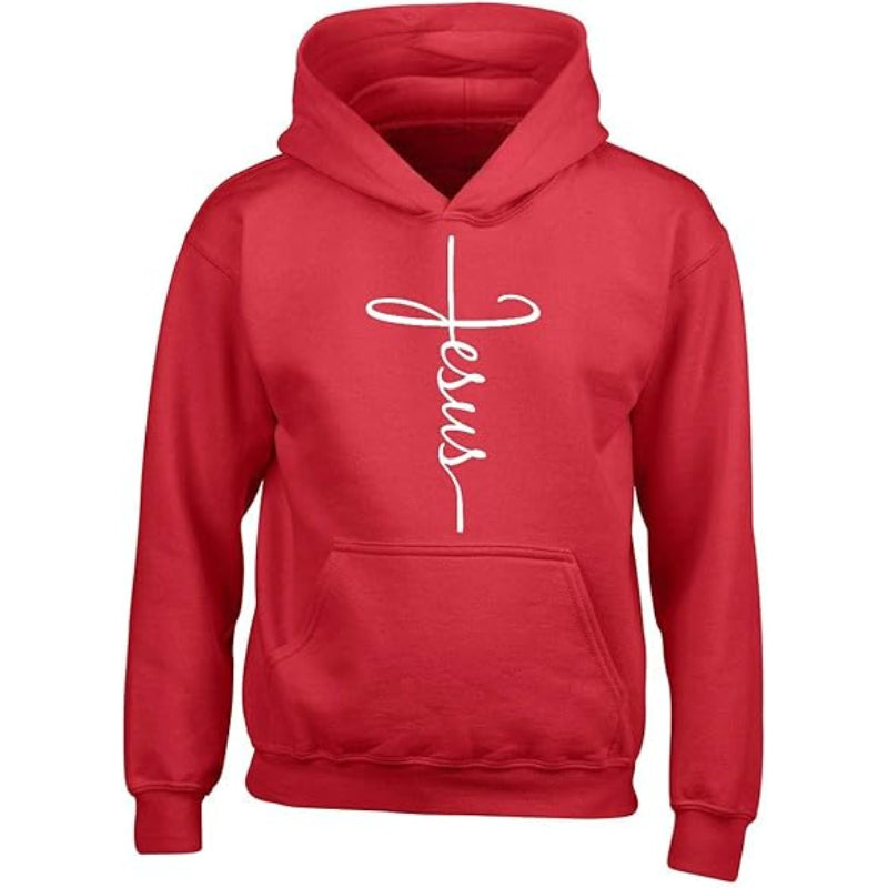 Jesus Cross Printed Front Pocket Hoodie Red