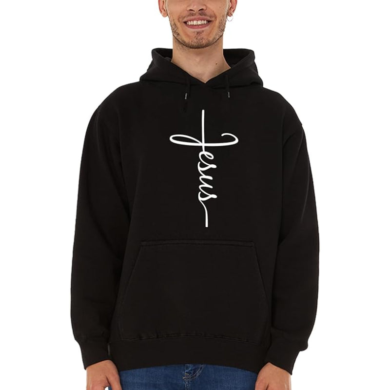 Jesus Cross Printed Front Pocket Hoodie