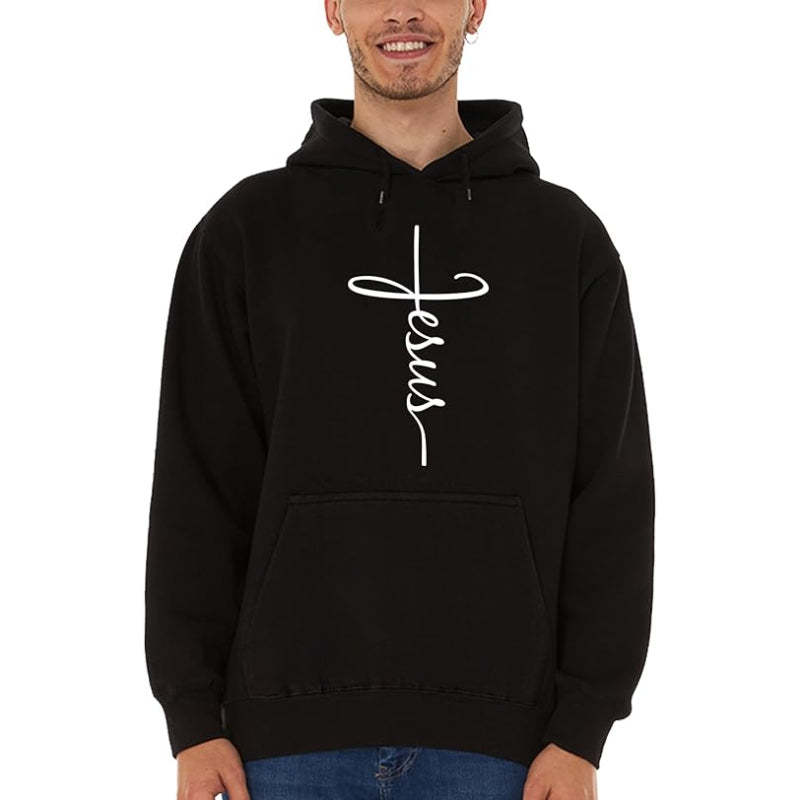 Jesus Cross Printed Front Pocket Hoodie