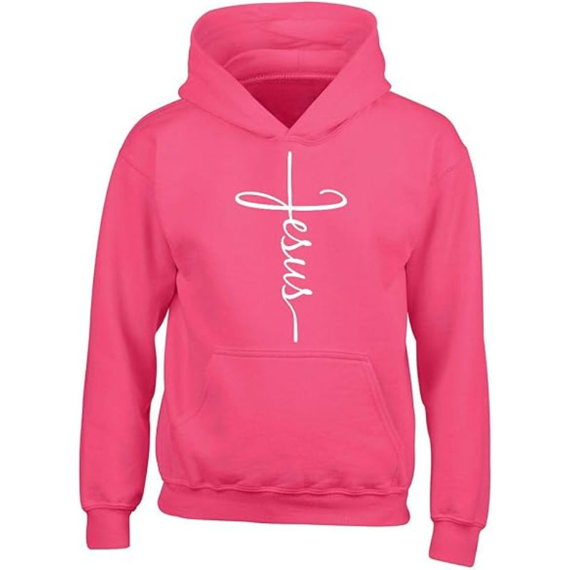 Jesus Cross Printed Front Pocket Hoodie Pink