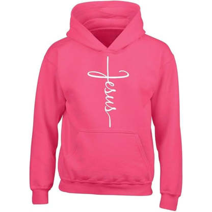 Jesus Cross Printed Front Pocket Hoodie Pink