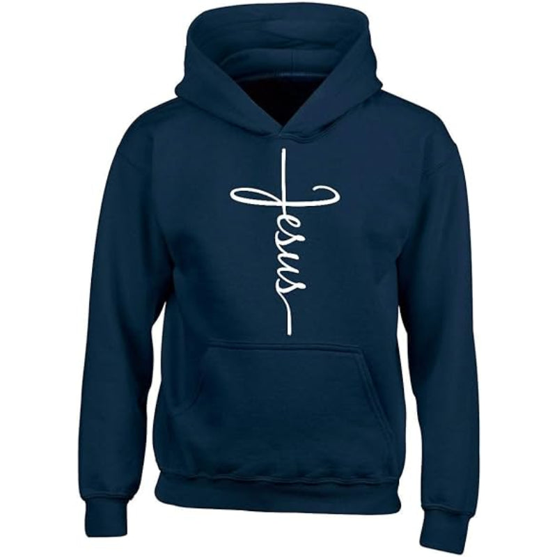 Jesus Cross Printed Front Pocket Hoodie Blue