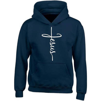 Jesus Cross Printed Front Pocket Hoodie Blue