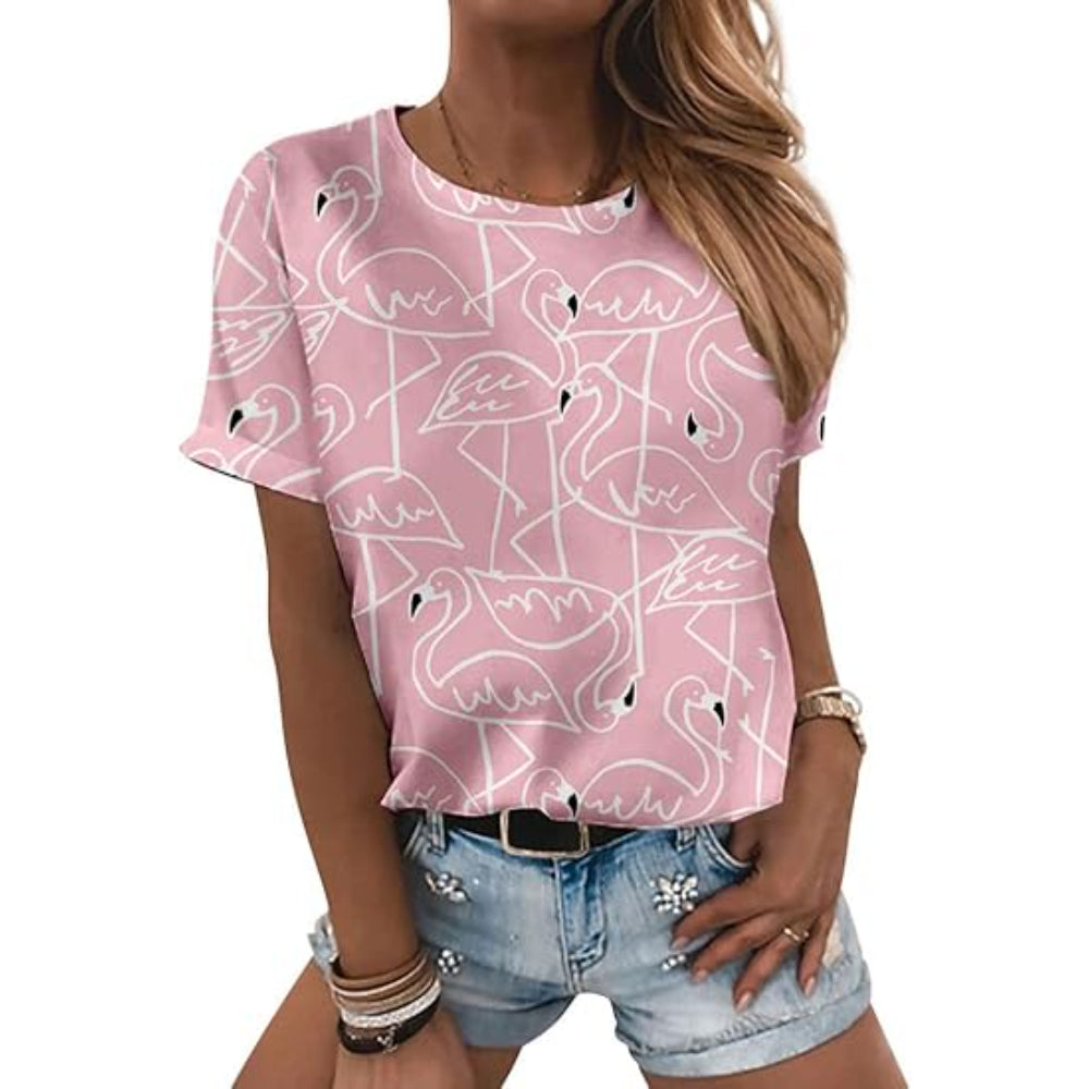 Casual Round T Shirt With Dinosaur Print Pink