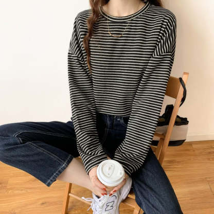 Long Sleeve Round Neck Striped Sweatshirt For Women-Soco Hoodie