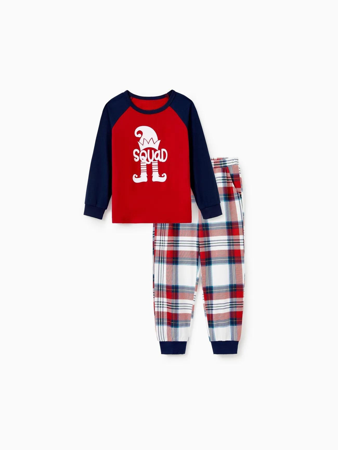 Family Christmas Printed Elf Squad Raglan Top And Plaid Pajama Set Kids