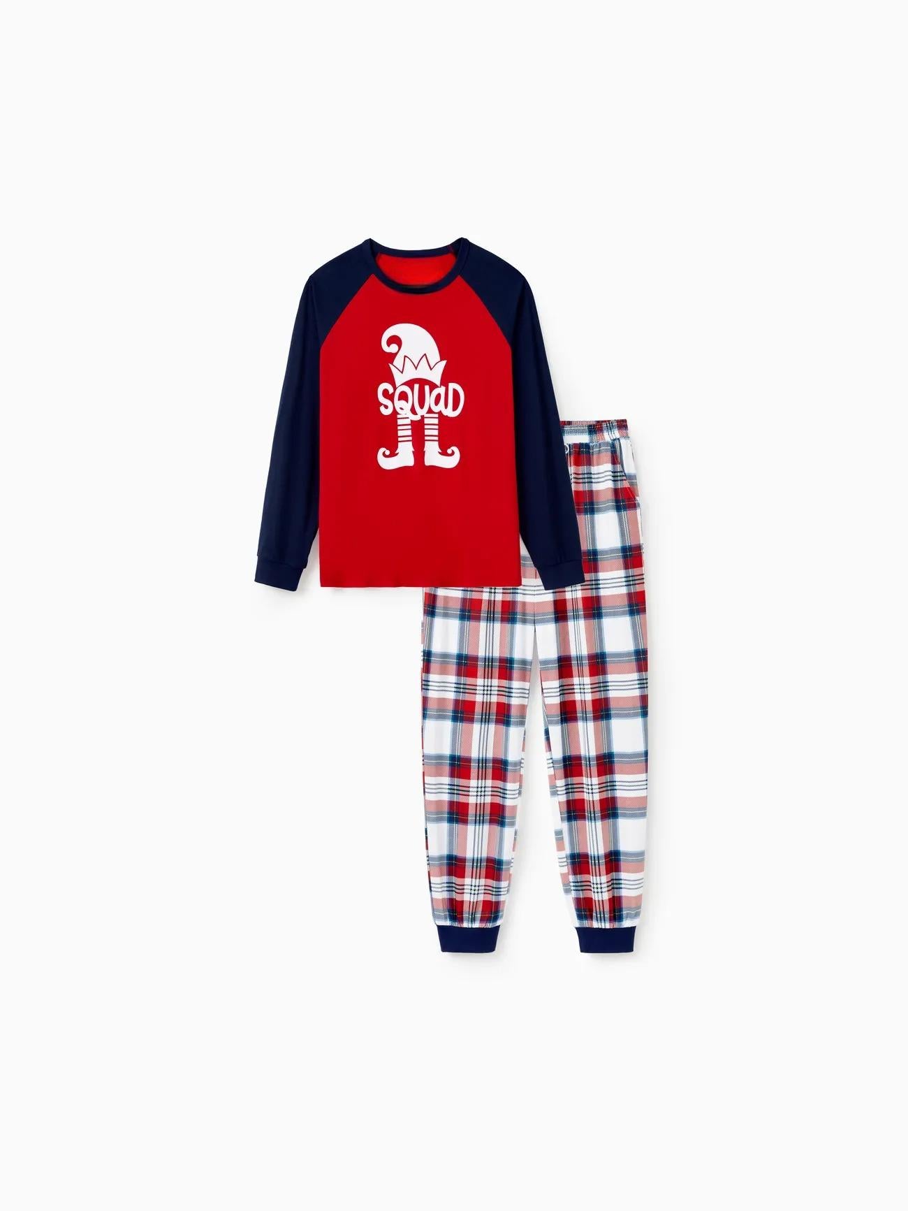 Family Christmas Printed Elf Squad Raglan Top And Plaid Pajama Set Men