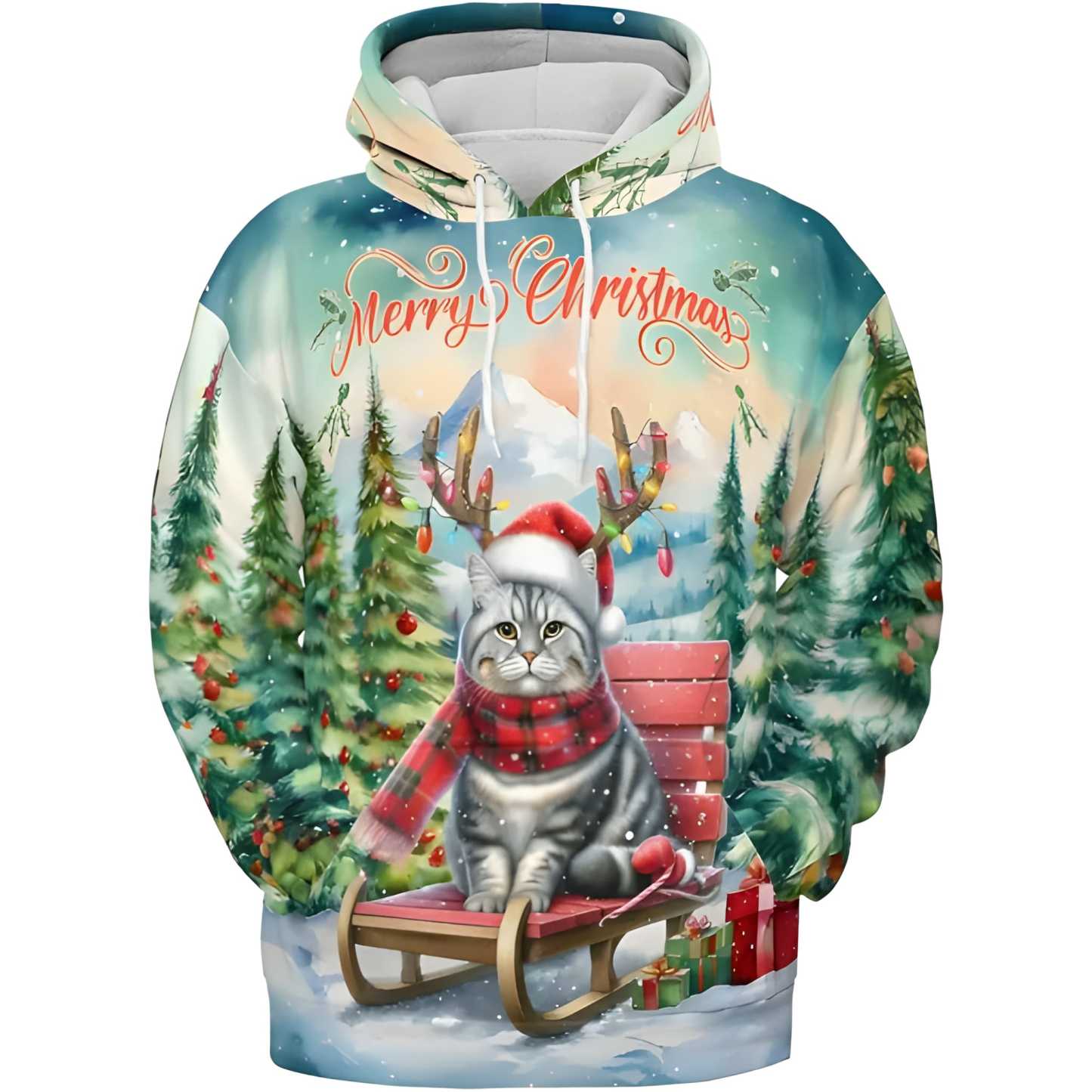 Merry Christmas Cat Reindeer Antler Hoodie Sweatshirt