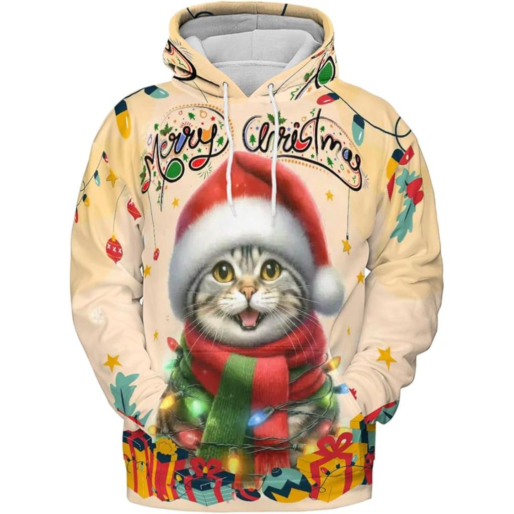 Christmas Cat Twinkling Lights All Over Print 3D Hoodie