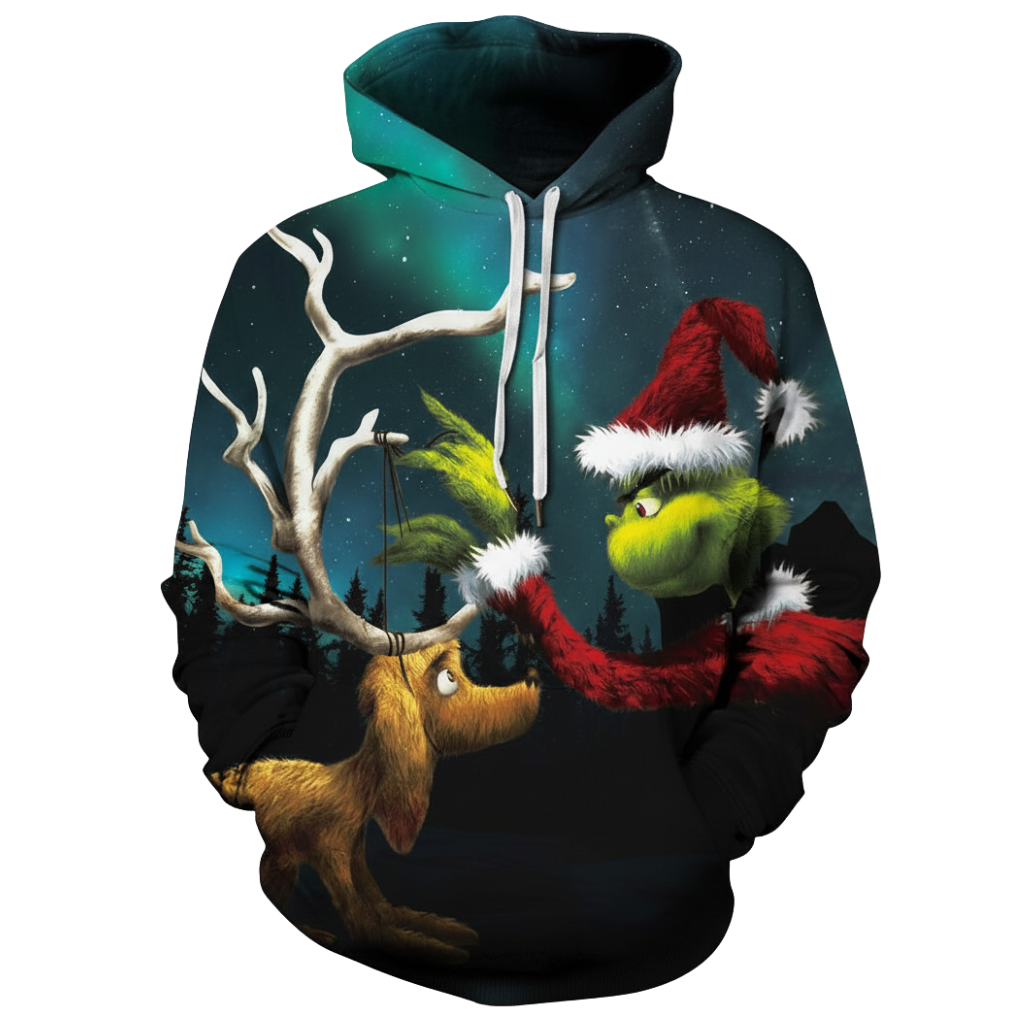 Christmas Pullover Hoodie With Santa And Deer Graphic