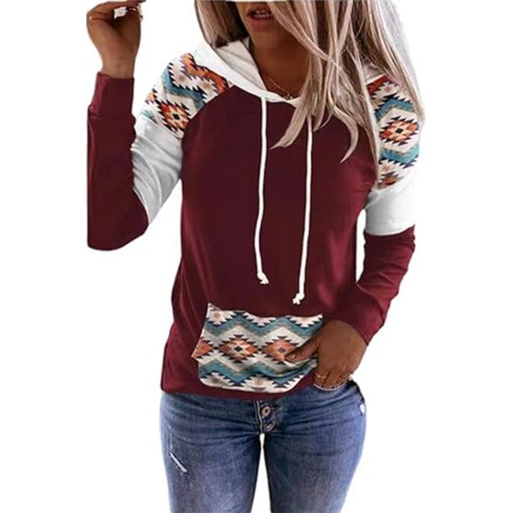Plaid Long Sleeve Hooded Pullover With Contrast Design Maroon