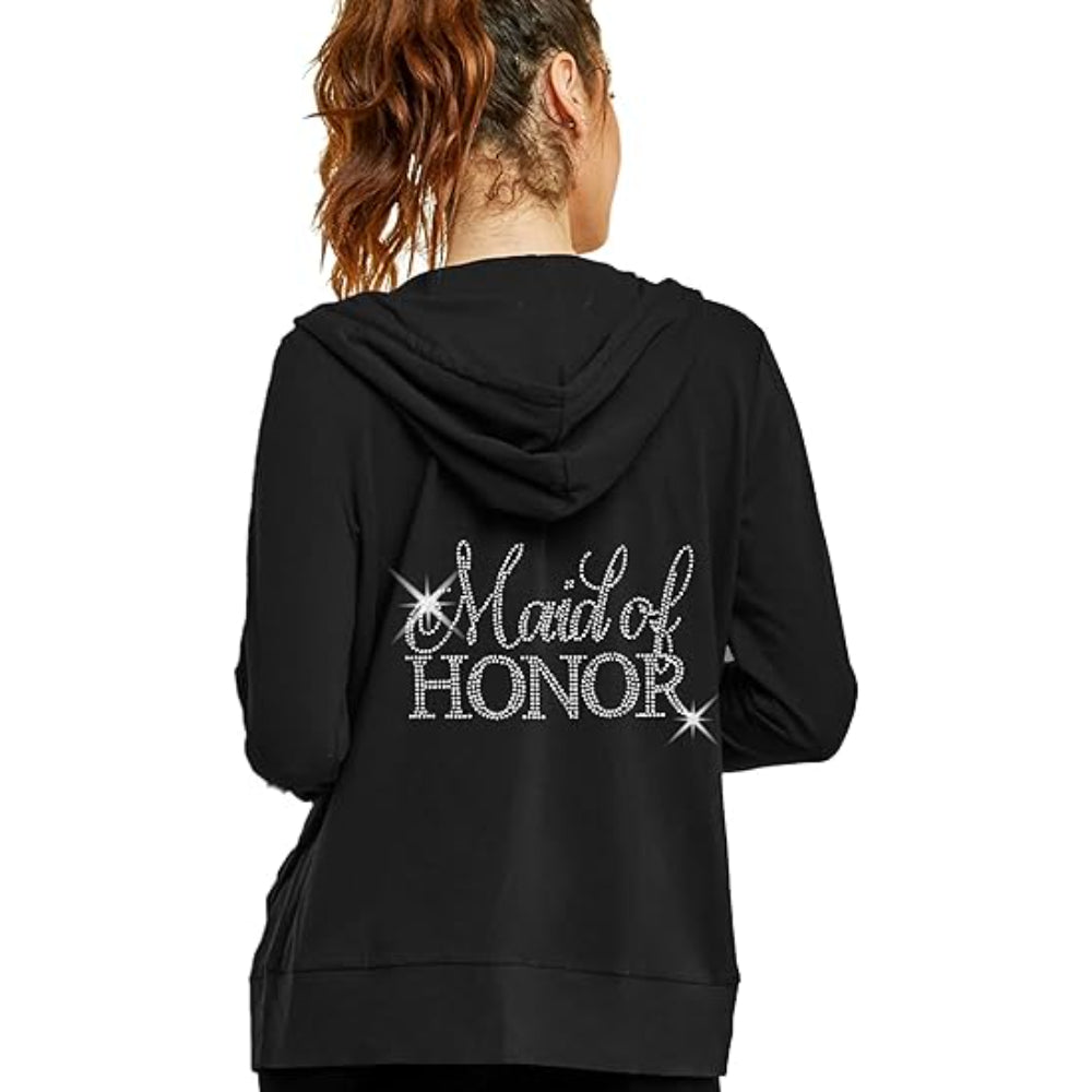 Rhinestone Script Graphic Zip Hoodie Black Maid of Honor Printed