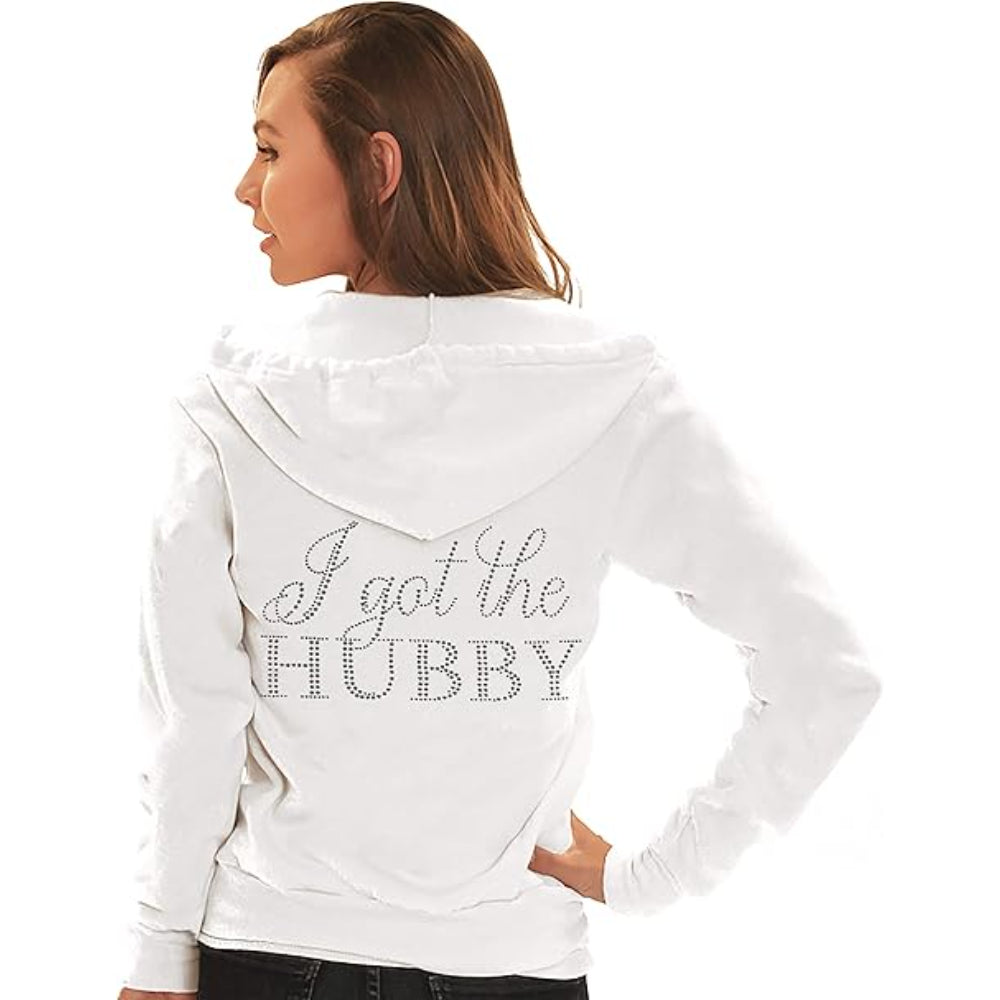 Rhinestone Script Graphic Zip Hoodie White I Got the Hubby Printed