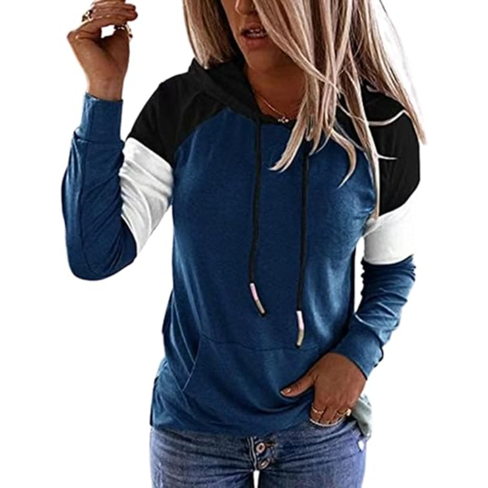 Plaid Long Sleeve Hooded Pullover With Contrast Design Blue