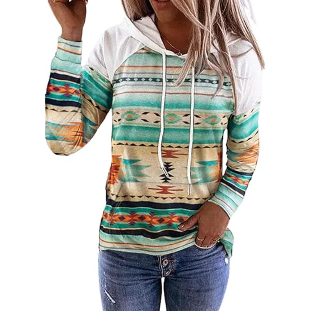 Plaid Long Sleeve Hooded Pullover With Contrast Design Light Green