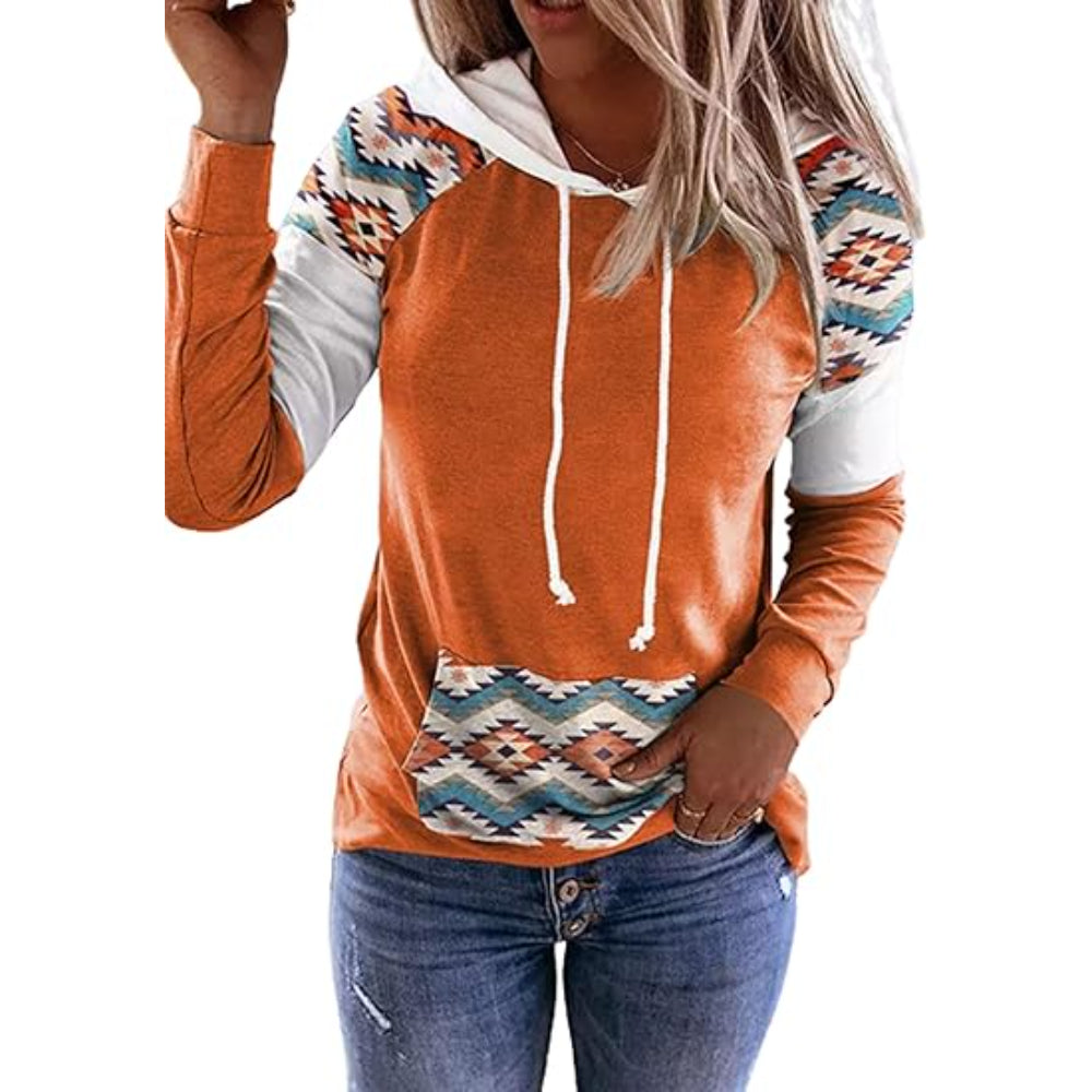 Plaid Long Sleeve Hooded Pullover With Contrast Design Orange