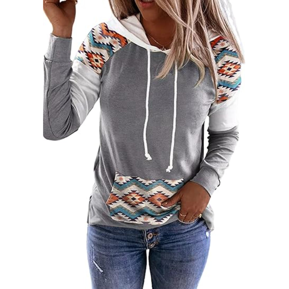 Plaid Long Sleeve Hooded Pullover With Contrast Design Gray