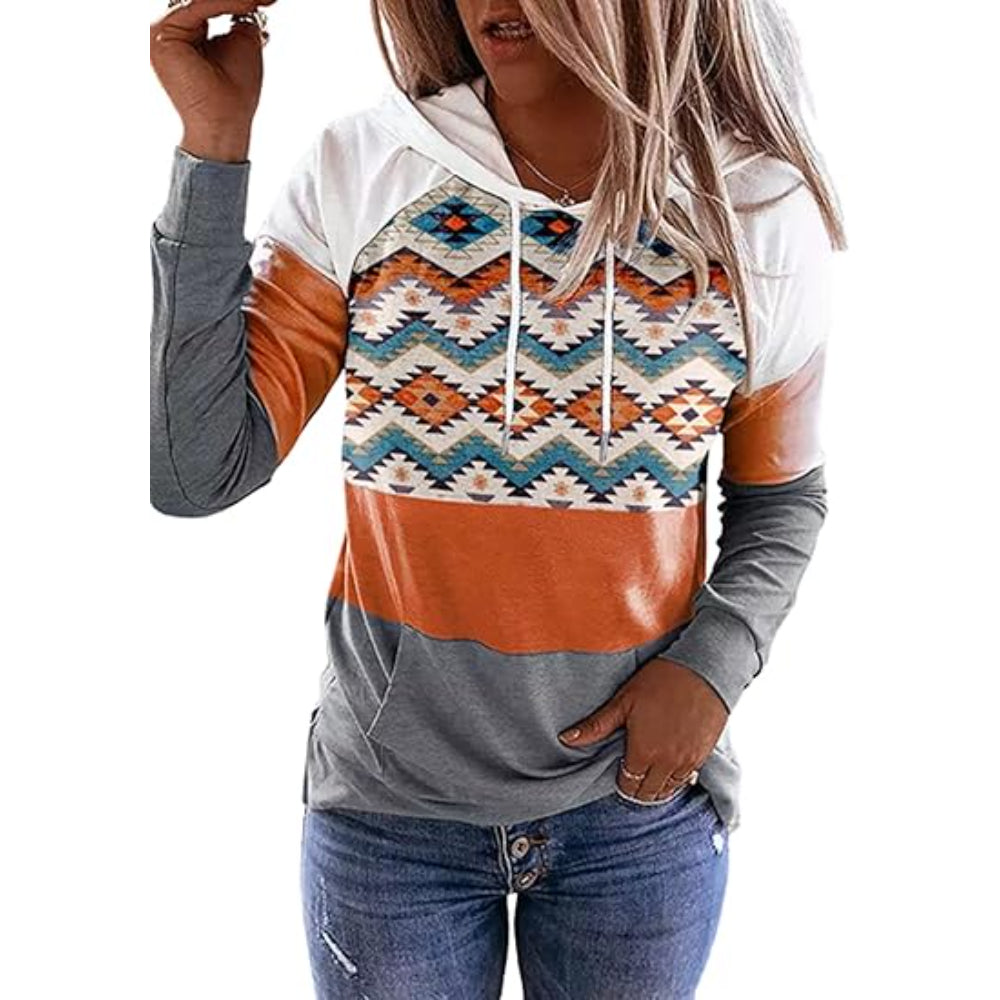 Plaid Long Sleeve Hooded Pullover With Contrast Design