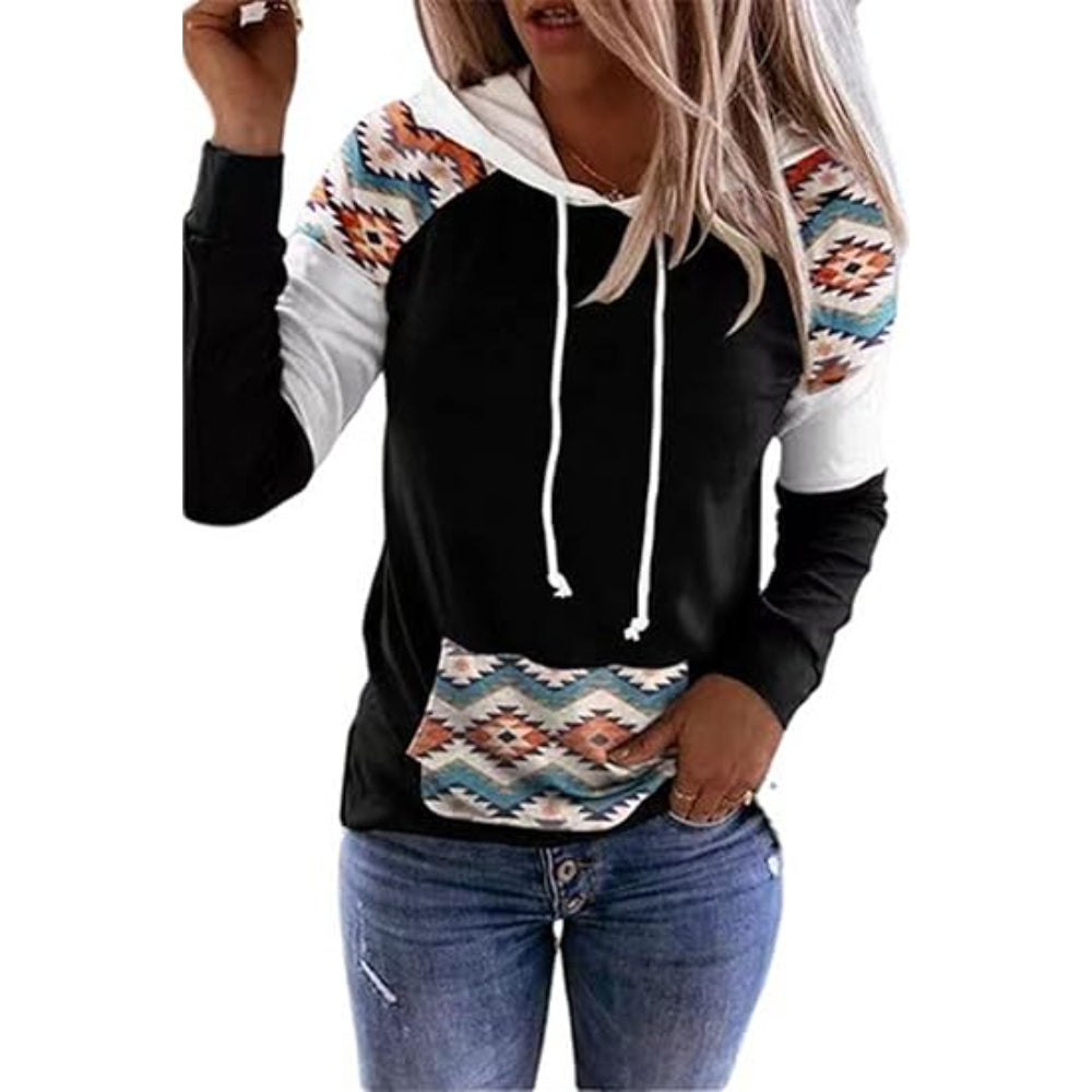 Plaid Long Sleeve Hooded Pullover With Contrast Design Black