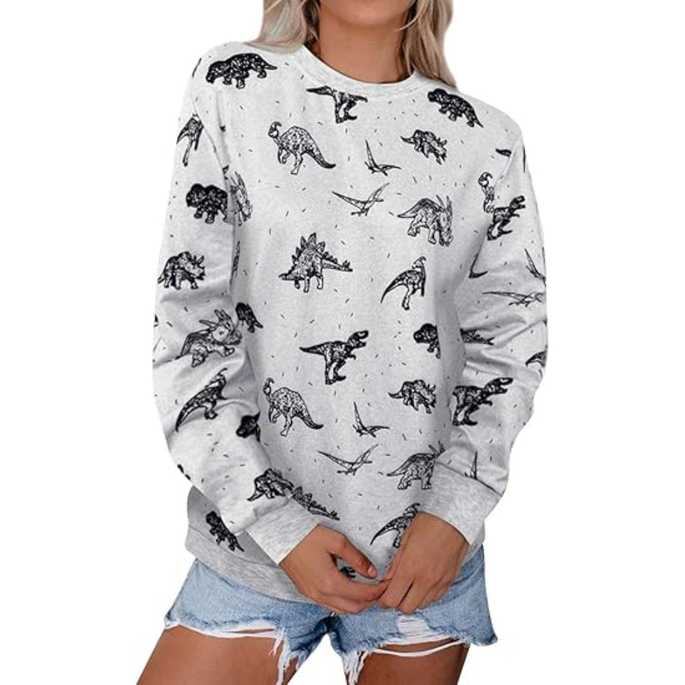 Casual Round T Shirt With Dinosaur Print