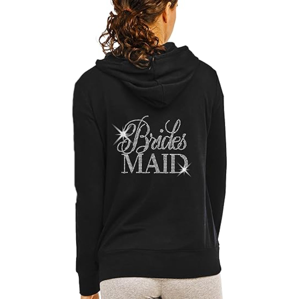 Rhinestone Script Graphic Zip Hoodie Black Bridesmaid Printed