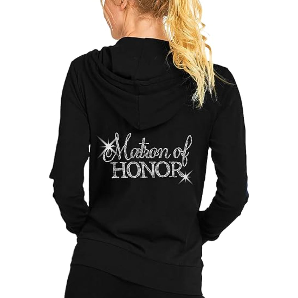 Rhinestone Script Graphic Zip Hoodie Black Matron of Honor Printed