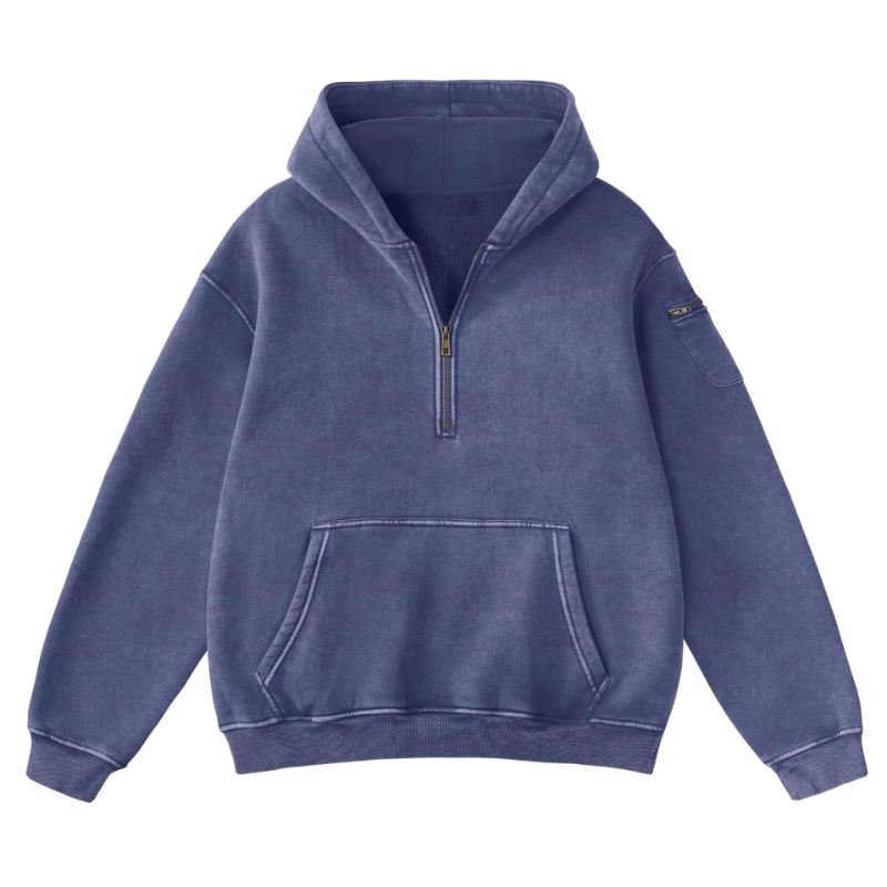 Oversized Half Zip Hoodie With Washed Finish And Kangaroo Pocket For Women
