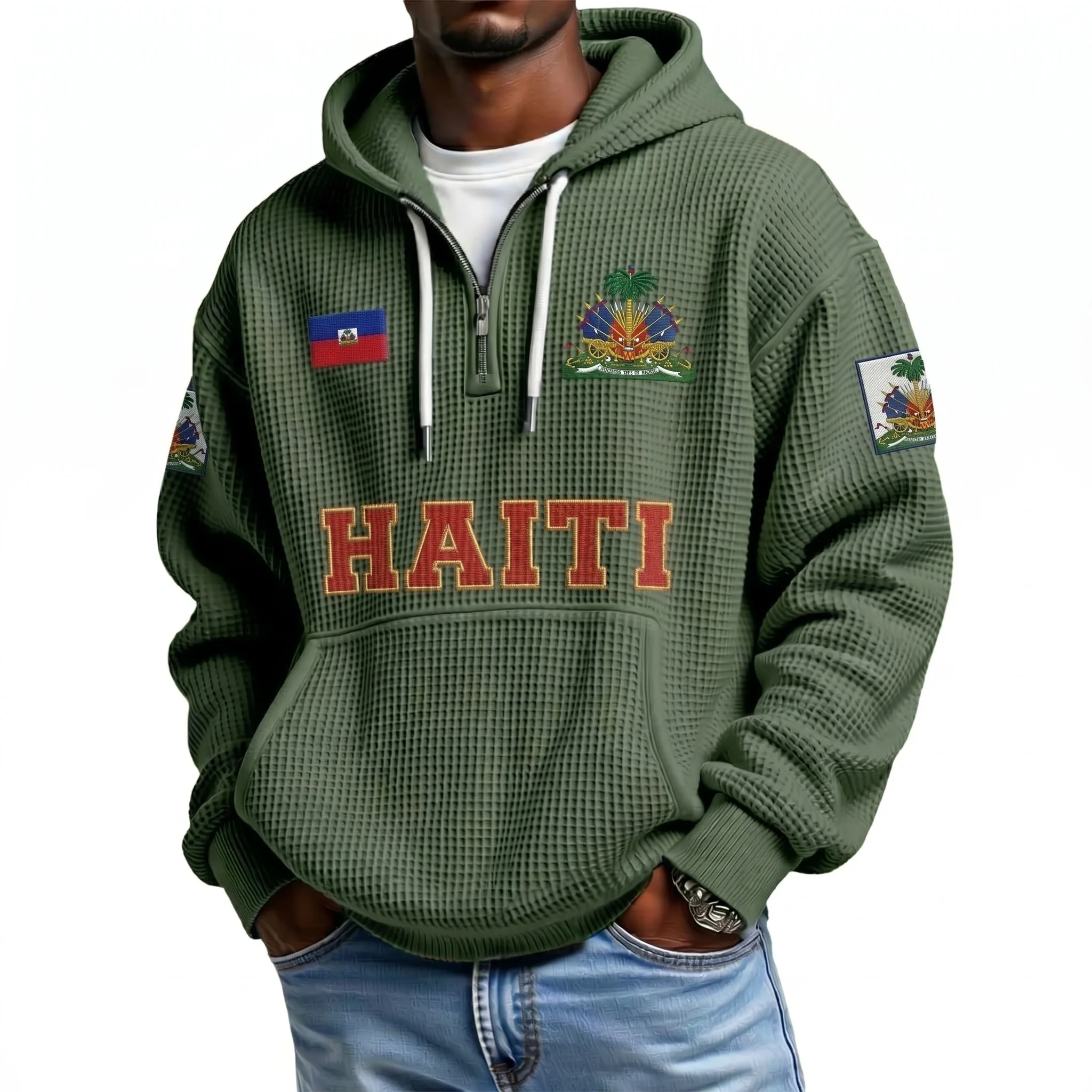 Haiti Printed Waffle Quarter Zip Football Fan Hoodie