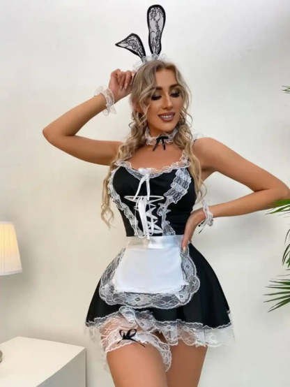 7 Piece Lace Trim Maid Costume Dress With Apron-Soco Hoodie