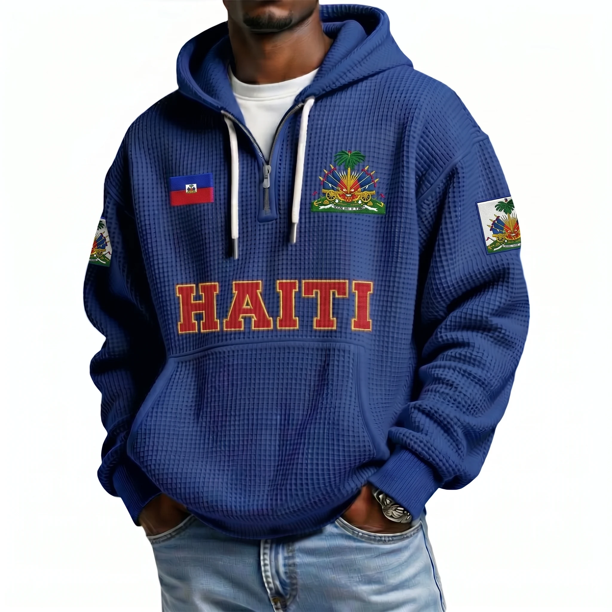 Haiti Printed Waffle Quarter Zip Football Fan Hoodie