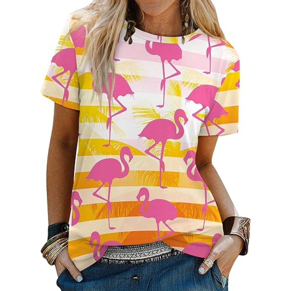 Casual Round T Shirt With Dinosaur Print Orange