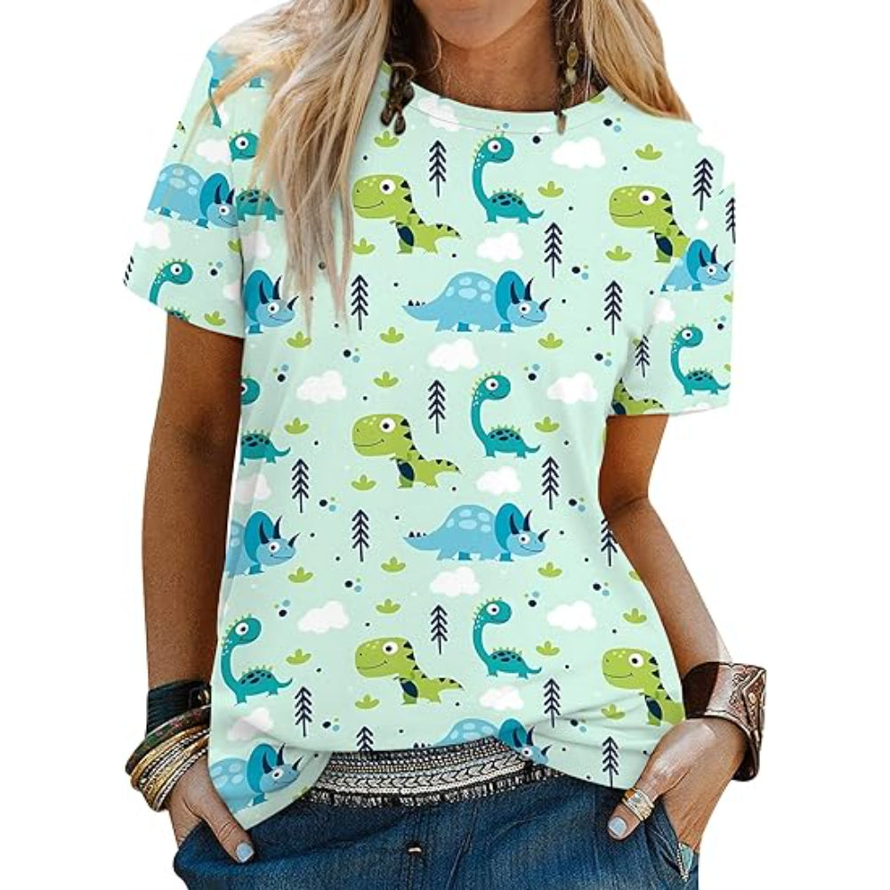 Casual Round T Shirt With Dinosaur Print Green