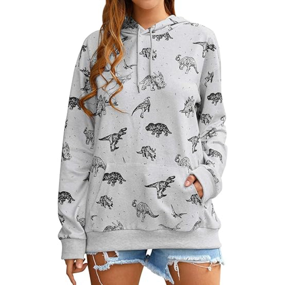 Casual Round T Shirt With Dinosaur Print Light Gray
