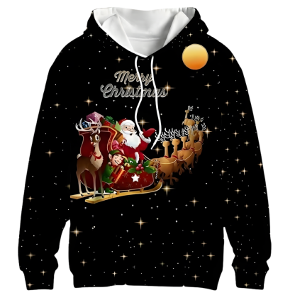 Christmas Santa Sleigh Graphic Hoodie For Men