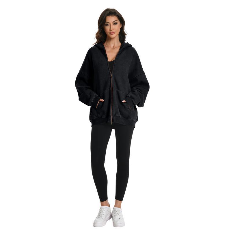 Oversized Long Sleeve Pullover Hoodie With Acid Wash Finish And Double Zipper