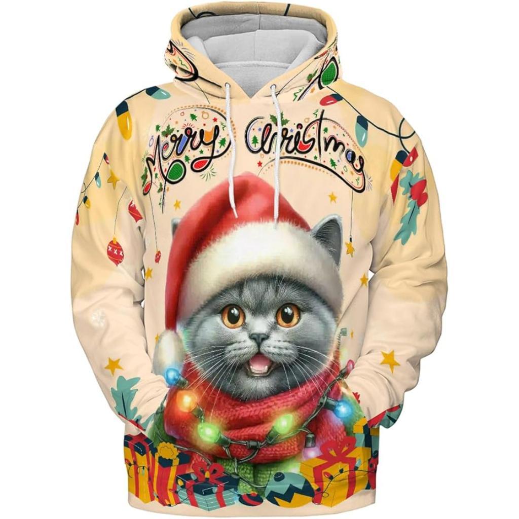 Cat Printed Christmas Hoodie With Holiday 3D Print